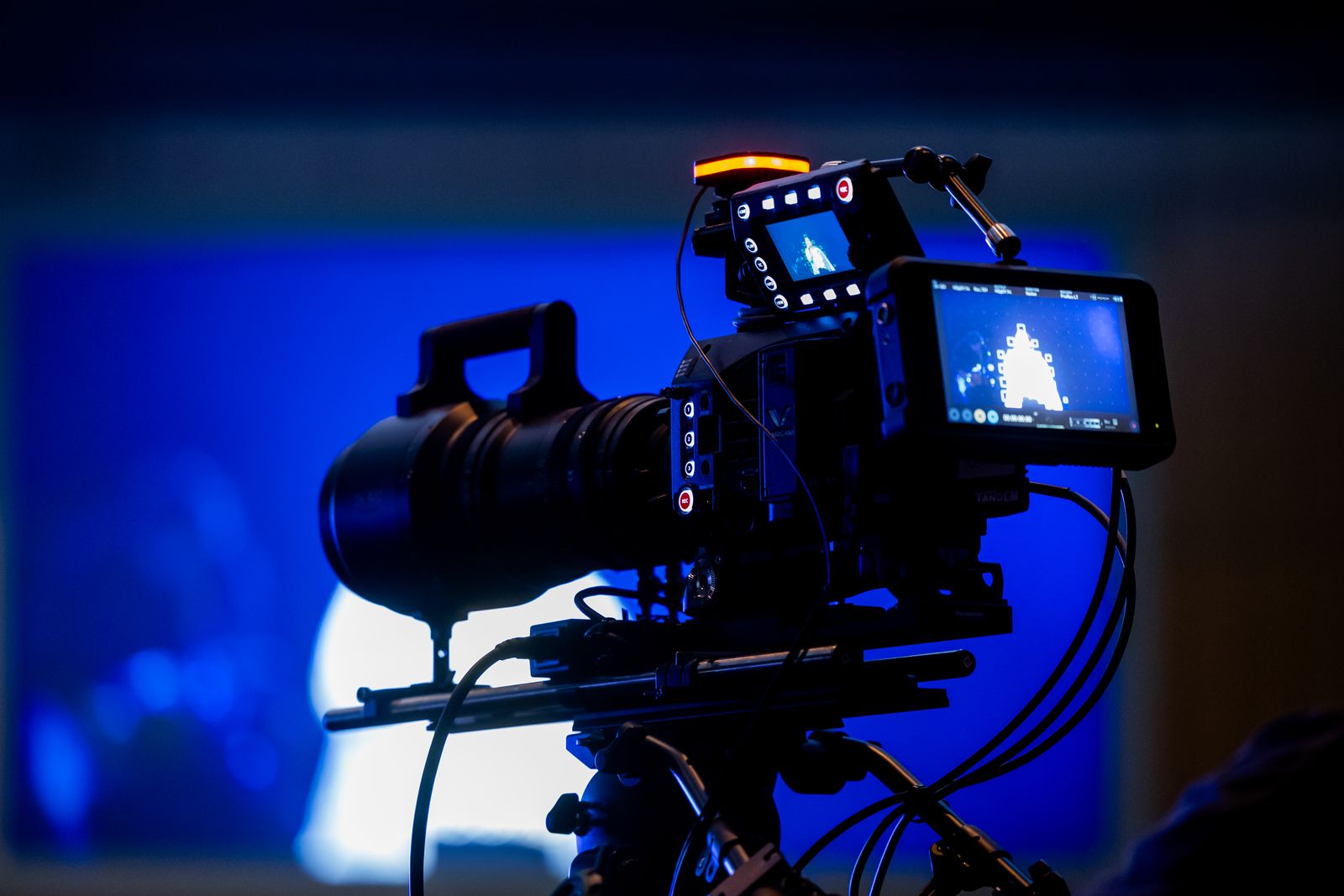Camera rig and monitors in a production control room