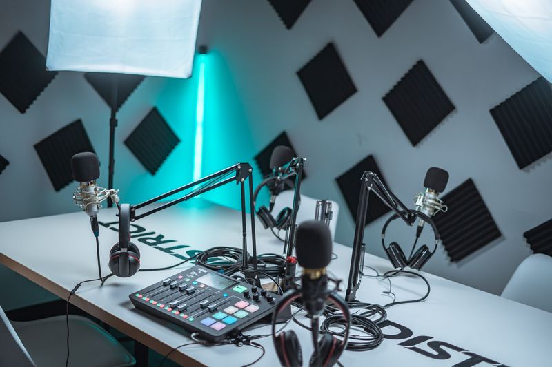 Recording booth with condenser microphones, headphones and a mixing desk