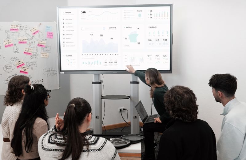 Team reviewing a reporting dashboard on a large screen