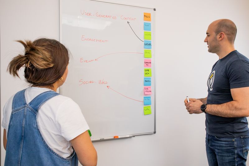 Two colleagues mapping a content plan on a whiteboard with sticky notes